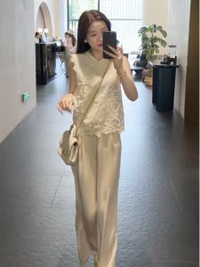 New Chinese Style National Trend Set High Sense Irregular Button Lace Top Wide Leg Pants This Year Popular Beautiful Set