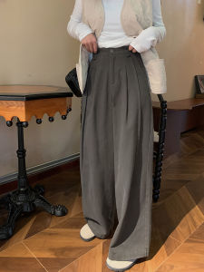 Grey Casual Pants Womens High Waist Slimming Drapey Retro Straight Leg Floor-Length Cotton 100% Long Pants Autumn 2024 New