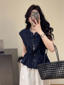 YUFUQING | Korean Style Simple Belted Slim Short Sleeve Shirt Summer New Fashion Casual Versatile Top Polyester Fiber Round Neck Button Closure