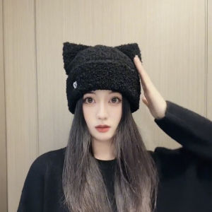 หมวกไหมพรมถักทรงหูแมว 3 มิติสำหรับผู้หญิงในฤดูใบไม้ร่วงและฤดูหนาว หมวกไหมพรมแบบสวมหัวแบบอเนกประสงค์ หมวกไหมพรมแบบอเนกประสงค์สำหรับผู้หญิง