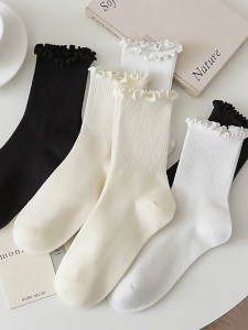Cute Women’s Ribbed Crew Socks | Soft Kawaii Frill Trim Socks for Sneakers & Everyday Looks