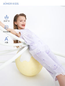 Amour Childrens Summer Sleepwear Cherry Butterfly Knot Girls Short Sleeve Sleep Dress Seven-Quarter Length Pants Milk Skin Suit