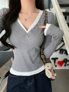 Double Layer V-Neck Button Design T-Shirt Womens Fashionable American Color Block Fake Two-Piece Irregular Top