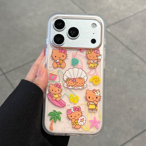 Sanrio | Cute Hawaiian Tan Hello Kitty Beach Shell Clear Phone Case For iPhone 15 16 17 Shockproof Protective Cover