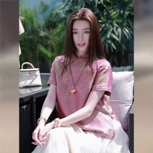 Young Womens New Chinese Style round Neck Button up Short Sleeve Shirt Pink Summer Tang Costume Korean Commute Pure Color