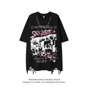WUKONGYOUHUO | Retro Rock Band Print Streetwear T-shirts with Holes