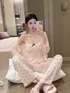 หวาน Polka Dot Modal ชุดนอน ชุดผู้หญิงที่มีแผ่นหน้าอกเสื้อผ้าบ้านแขนยาว คอวี กางเกงขายาว ฤดูใบไม้ร่วง สินค้าใหม่