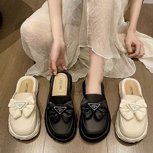 Segi Tiga Riben Thick Loafers Womens Sandal Kasut Wanita Casual Wedges Flip Flops 半包拖鞋
