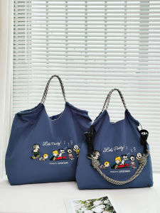 Eco-Friendly Embroidered Canvas Shopping Bag Single Shoulder Crossbody Commuter Bag Japanese Style Ball Chain Stitch Snoopy Piano Chorus