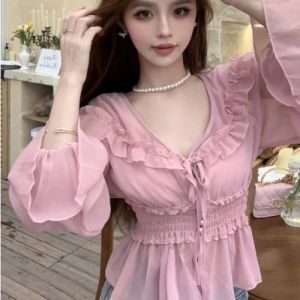 GUZILIAN | Sweet Style Thin Short V-Neck Bell Sleeve Chiffon Shirt Design Sense Lotus Leaf Edge Autumn Initial Sun Protection Womens Ins
