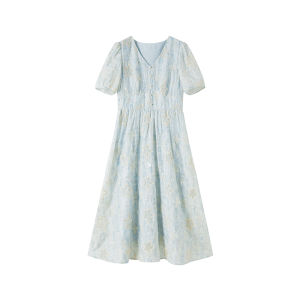 XIANGYING | V-Neck Blue Linen Look Tencel Dress