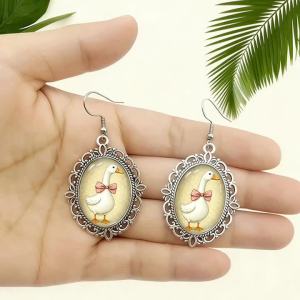 Cute Bow White Goose Pattern Oval Drop Earrings Retro Silver Plated Filigree Cottagecore Animal Accessory