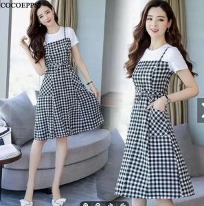 COCOEPPS Dress Women Female Summer New Product Students Slim Waist Middle-long style Fake-two Suspender Lattice Dress