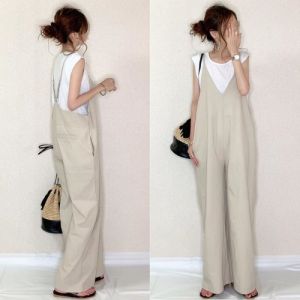 Casual Loose One-Piece Pants Womens Summer New Style Pure Color Strap Wide Leg Pants Versatile High Waist Long Cotton Blend