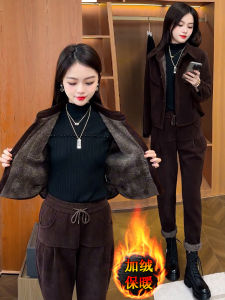 Womens Autumn Winter Thickened Fleece Lined Shaner Coat And Pants Two Piece Set Casual Loose Fit High Waist Long Pants