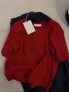 PAIBOLI | French Red Knitted Loose Thin Short Sleeve Round Neck Ice Silk Basic T-Shirt Elegant Beautiful Top Women Summer Fashion Casual
