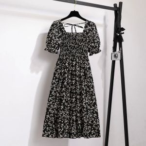Floral Print Womens Dress Bow-Tied Short Sleeve Midi A-Line Skirt Casual Streetwear Autumn Fashion Ladies Clothing