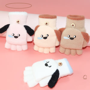 เด็กชายและเด็กหญิงฤดูหนาวอายุ 5-12 ปีครึ่งนิ้วพลิกใช้คู่การ์ตูนลูกสุนัขนักเรียนเปิดนิ้วเขียนถุงมืออุ่น