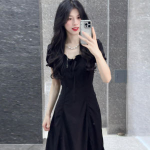 BeautyMark | Hebe Style French Black Beautiful Dress Women Summer 2025 New High Waist A-Line Skirt Short Sleeve V-Neck Elegant Long Dress