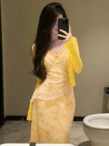 SUSIEYUAN | Korean Style Yellow Lace Floral Summer Dress