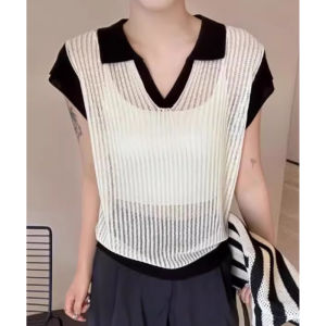 YUEZHONGWEI | Slim Fit Ice Silk Knitted Polo Shirt Hollow Out Short Sleeve Turn Down Collar Summer Top For Small Stature Women Commute Style