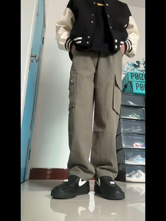 Celana cargo pria korean style hitam kantung banyak oversize