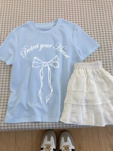 Dopamine Wear Light Blue Shoulder Short Sleeve T-Shirt Womens Plus Size Loose Bow Top round Neck All-Matching T-shirt