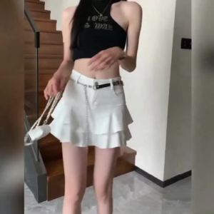Vintage Woman Denim Shorts Skirts Summer 2023 Streetwear All Match Washed Kawaii Ball Gown Ruffles Mini Jeans Saias Femme