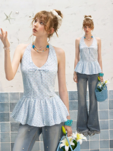 unifree | Áo Slimming V-Neck Xanh Plaid Chấm Bi Dây Quai Hở Vai