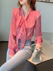 เสื้อเชิ้ตผ้าชีฟองแขนยาวผู้หญิงฤดูใบไม้ร่วง 2025 ดีไซน์ใหม่ เสื้อเชิ้ตผู้หญิงสไตล์ฝรั่งเศส แขนยาว ปกโปโล คอวี ทรงหลวม