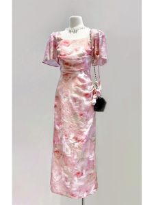 Elegant Pink Floral Print Maxi Dress Draped Sensation Beach Vacation High Waist A-Line Skirt Short Sleeve Summer Dress for Women