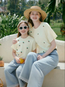 XIANGYING | Matching Mother-Daughter T-Shirt Short Sleeve New Summer Round Neck Loose Cherry Embroidery Top