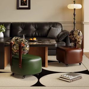 Small Sofa Solid Wood Stool Chair Medieval Backrest Rotating Wheels Household Pulley Living Room Low Stool Shoe Changing Stool