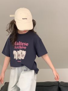 Korean Style Pure Cotton Short Sleeve T-Shirt for Girls Summer Clothing Base Layer Cartoon Print Childrens Wear Spring Summer