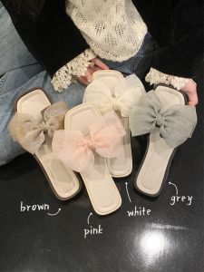 Summer Beach Slippers Womens Flat Bottom Fairy Style Net Butterfly Knot Vacation Cool Sandals Anti-Slip Flat Sandals