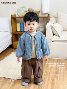 Cartoon Denim Jacket and Solid Pants Baby Set