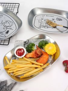 Retro Creative Iron Plate Fried Chicken French Fries Snack Plate Barbecue Deep-Fried Fruit Dish Oval Shape Metal Tray