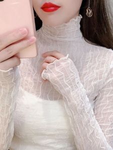 Autumn 2024 New Style Womens Long Sleeve High Collar Lace Mesh Base Shirt Slim Fit Korean Style Commute Pure Color Top