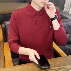HENGYUANXIANG | Hengyuanxiang Mens Knitted Sweater Fleece Lined Thickened Shirt Collar Red Fake Two-Piece Winter Fashion Casual Polyester Blend