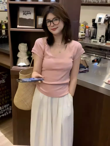 plus Size Pink White-U-Neck Short Sleeve T-Shirt Womens Summer New Style Slimming Top Waist-Cinching Hide Belly Meat Cover up