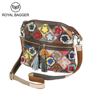 Royal Bagger Genuine Leather Crossbody Bags Large Capacity Color Stitching Flowers Shoulder Bag Satchel Purse for Women 1729