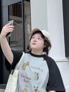 Large Size Casual T-Shirt for Women Loose Fit Printed Cat Paw Design Short Sleeve Cotton Cushion Work Shirt Suitable for Summer