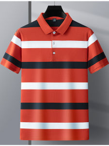 Mercerized Cotton Striped Short-Sleeved T-shirt Mens Cotton Polo Collar Pure Cotton Mens Pearl Cotton Top Summer Mens Large Size Loose
