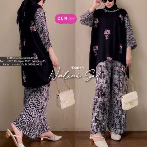 Setelan Wanita Nalini Set Hitam Kombi COLET Batik Cap Rayon Samitex | Setelan Wanita| BATIK CAP COLET | RAYON SAMITEX | Premium Quality | COD