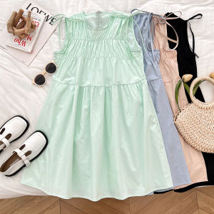 Korean Chic round Neck Sash Pleated Sleeveless Vest Dress Short Skirt Small Size Women Summer New Style Commute Spring 2025