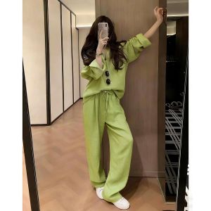 NUANPING | Bộ Áo Sơ Mi và Quần Vải Linen Phong Cách Thường Ngày