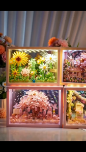 Mini Flower House Building Blocks Photo Frame with LED Light Display Box Decor Gift for Girls