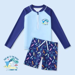 Childrens Two-Piece Swimsuit Long Sleeve Quick Dry Boys Swimming Costume for Autumn Winter Thermal Bath Surfing Leisure Suit
