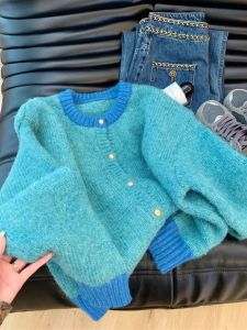 Blue round Neck Knitted Cardigan Sweater Women Spring Autumn Short Length Long Sleeve Loose Fit Korean Style Commute Fashion