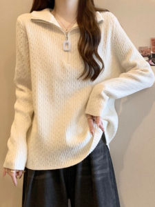 French Design Plus Size Loose Half-Zip Knit Sweater